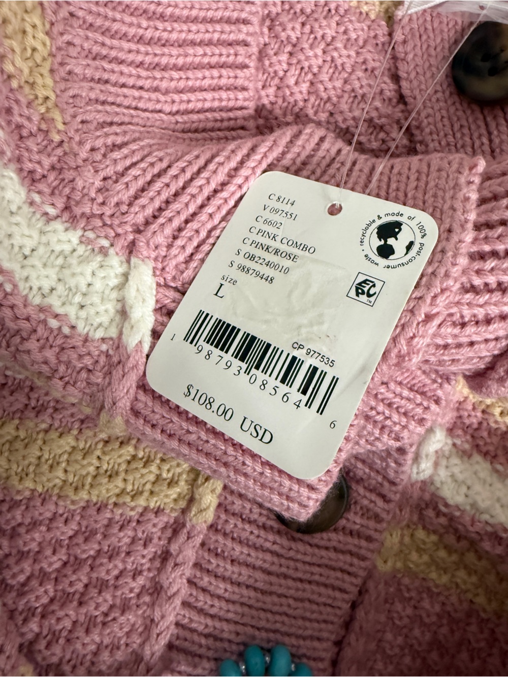 Free People Lila Striped Pink combo Cardi Button-Front Sweater, sz L, nwt - Picture 5 of 8